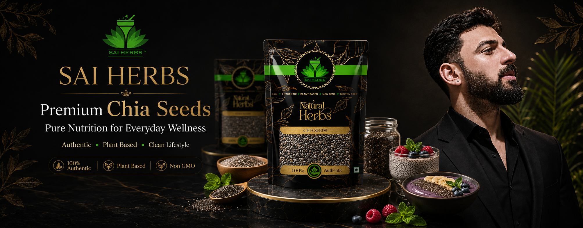 SAI HERBS premium chia seeds founder banner